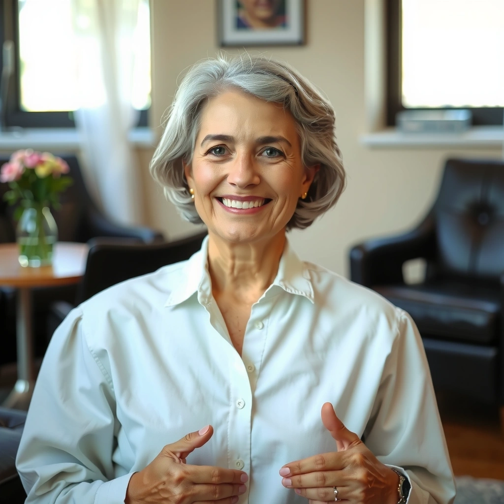 Retrato de cliente satisfecha, mujer mayor sonriendo