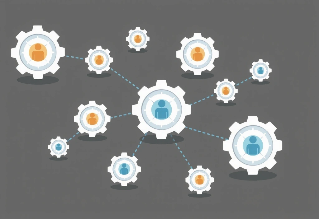 Ilustración de engranajes y personas trabajando juntos, simbolizando procesamiento de datos