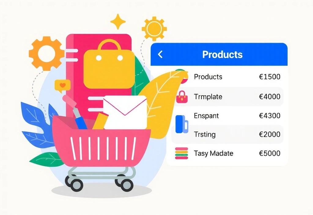 Ilustración de una lista de productos y un carrito de compras, simbolizando el resumen del pedido.