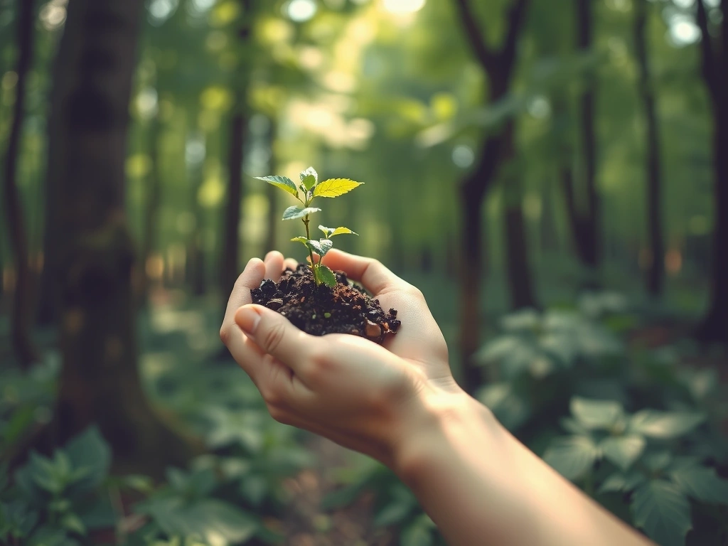 Planta joven creciendo en una mano con un fondo borroso de bosque, representando sostenibilidad y respeto por la naturaleza.