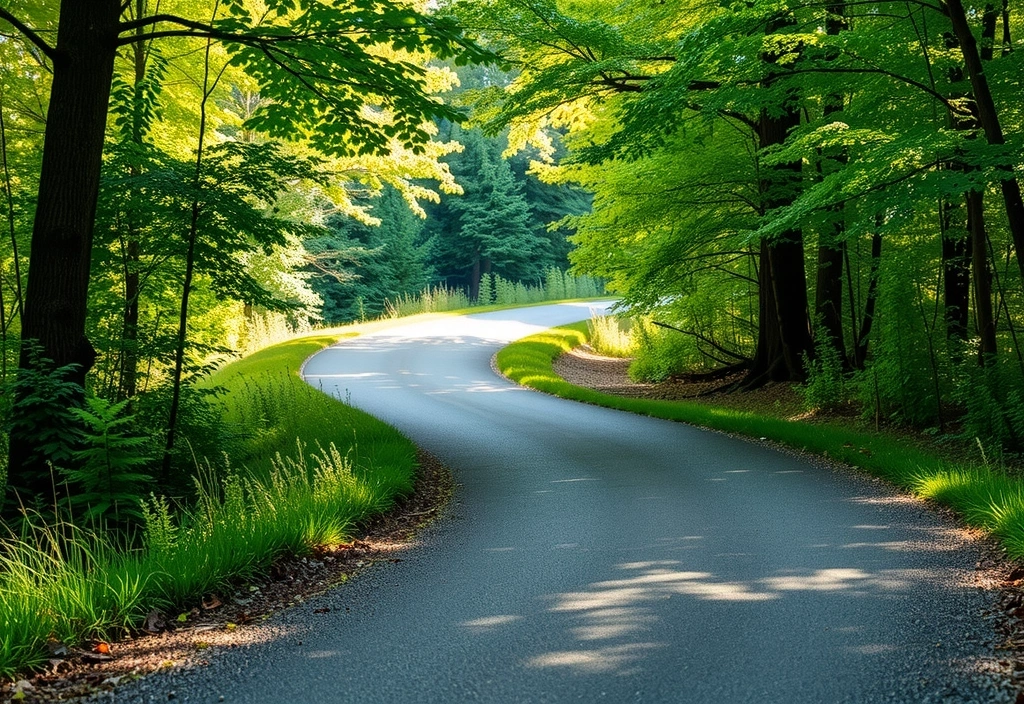 Un sendero serpenteante que se adentra en un bosque exuberante y vibrante, simbolizando el camino de la misión y visión de Fallavitcz.
